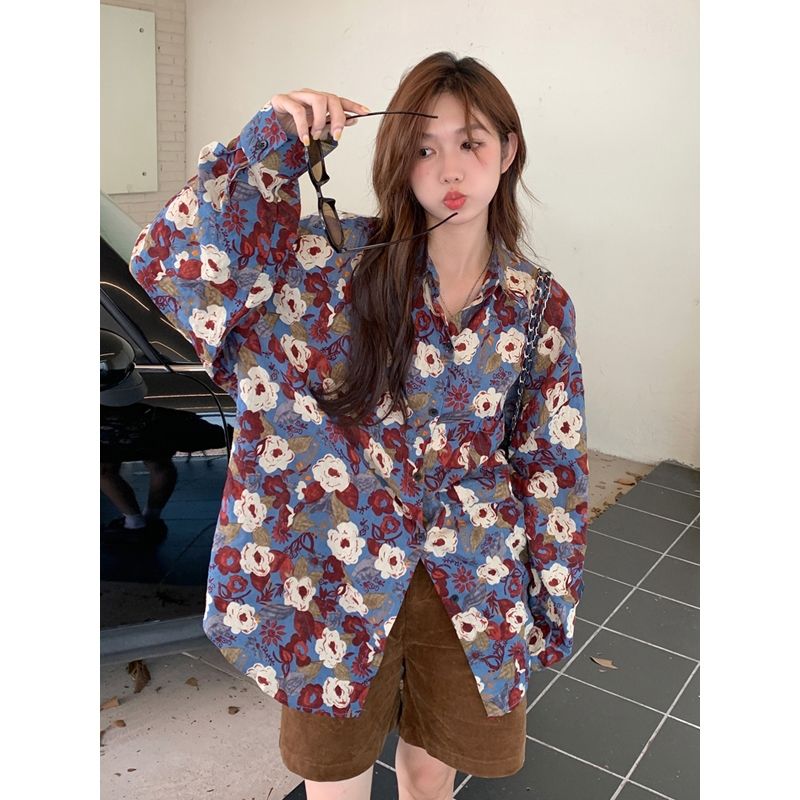 復古港味花襯衫女長袖秋季新款上衣寬鬆休閒bf風鹽系碎花襯衣疊穿