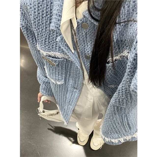 American retro  early autumn blue small fragrance denim jacket female ins fashion high-end casual jacket couple