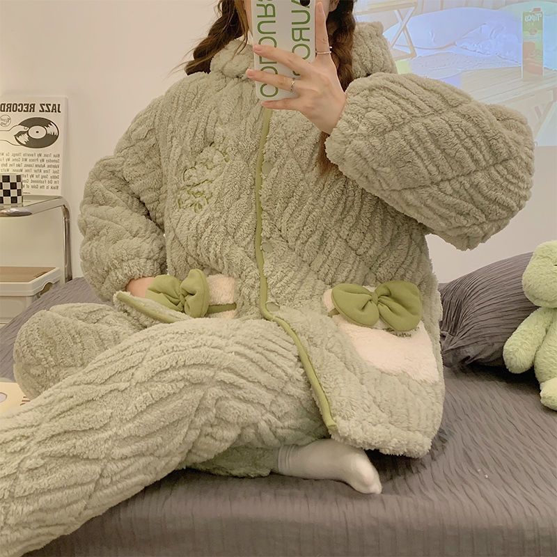 睡衣女士冬季可外穿加絨加厚珊瑚絨法蘭絨套裝三層夾棉保暖家居服