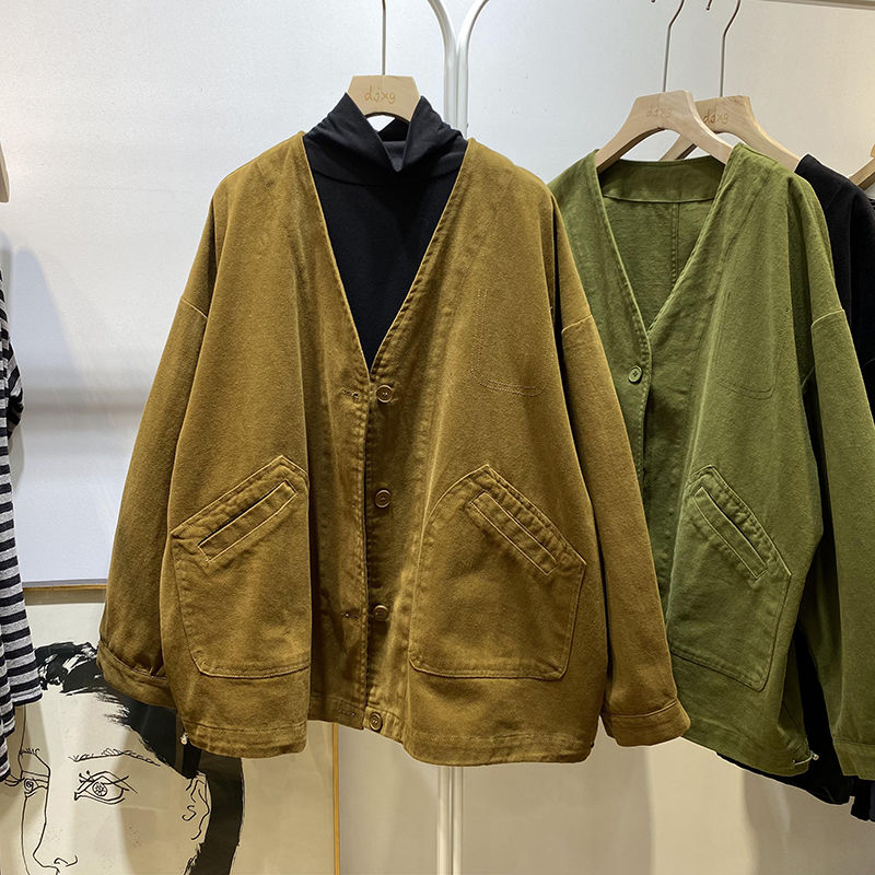 Large size women's autumn coat women's autumn style outerwear new solid color V-neck casual all-match loose long-sleeved top women