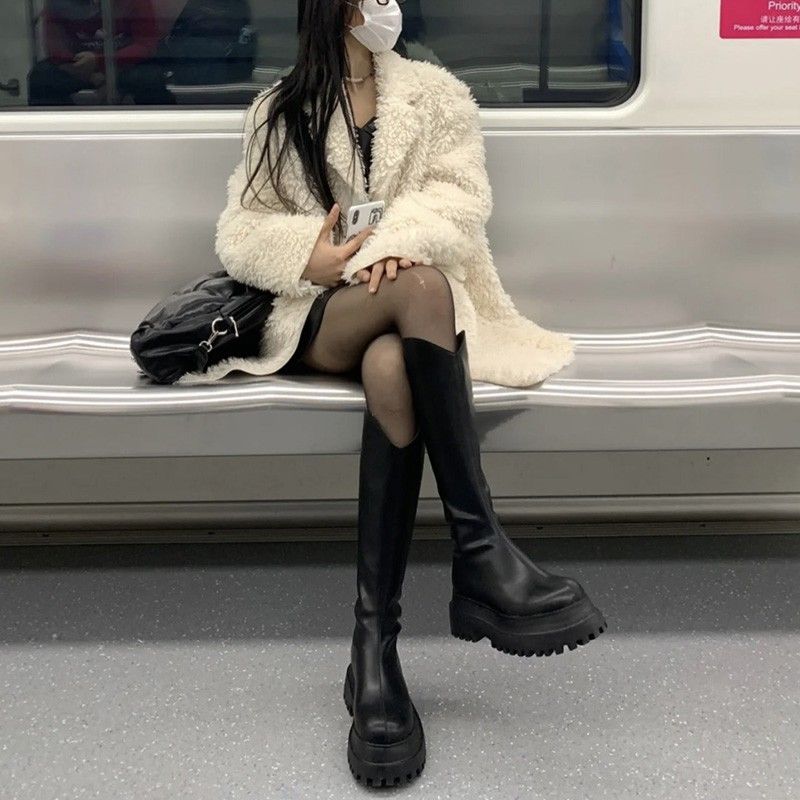 伊姳長筒靴女2023春季V口顯瘦小個子增高厚底不過膝長靴騎士靴子