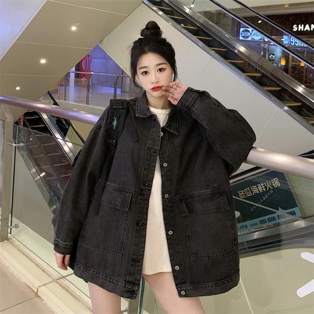 Oversize black denim jacket female spring and autumn 2022 new all-match loose bf wind mid-length jacket top