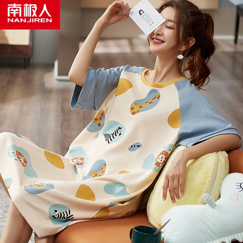 Cotton nightdress female summer short-sleeved over-the-knee dress student ins large size pajamas pregnant women home service