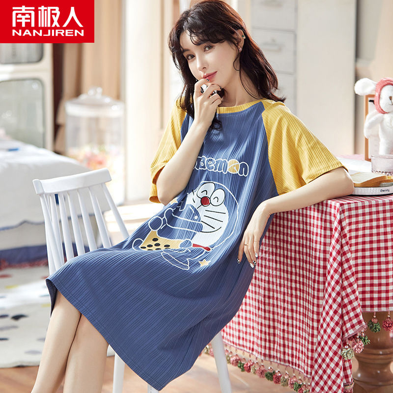 Nightdress female summer Korean version of pure cotton short-sleeved girl pajamas sweet and cute cartoon home service dress