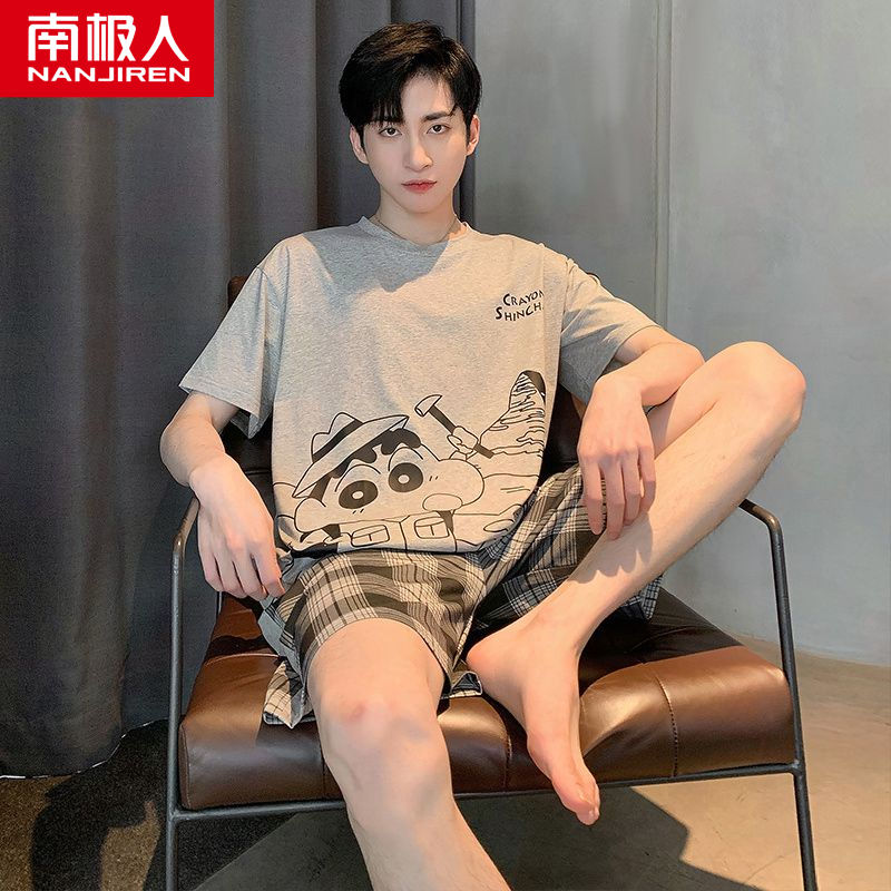 Pajamas men's summer cotton short-sleeved shorts home service men's men's summer thin section cotton can be worn outside suit