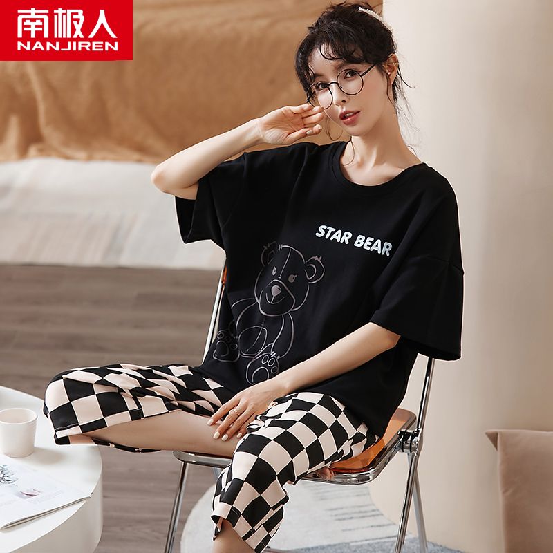 Pajamas women's summer short-sleeved cropped pants pure cotton fat mm large size 200 catties spring and summer home service suit