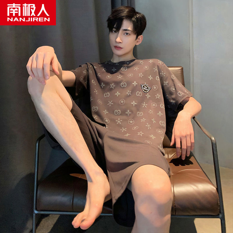 Pajamas men's summer cotton short-sleeved shorts home service men's men's summer thin section cotton can be worn outside suit