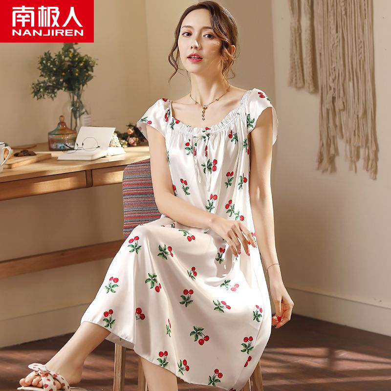 Middle-aged mother ice silk nightdress female summer thin section sling new pajamas loose silk home service