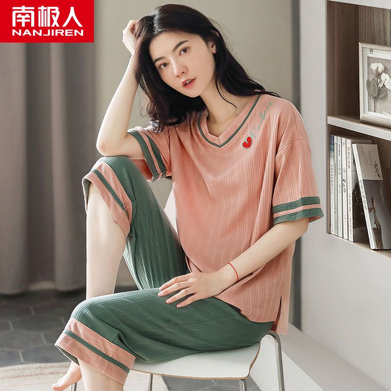 Pajamas women's summer cotton short-sleeved cropped pants thin section large size loose home service spring and summer two-piece suit