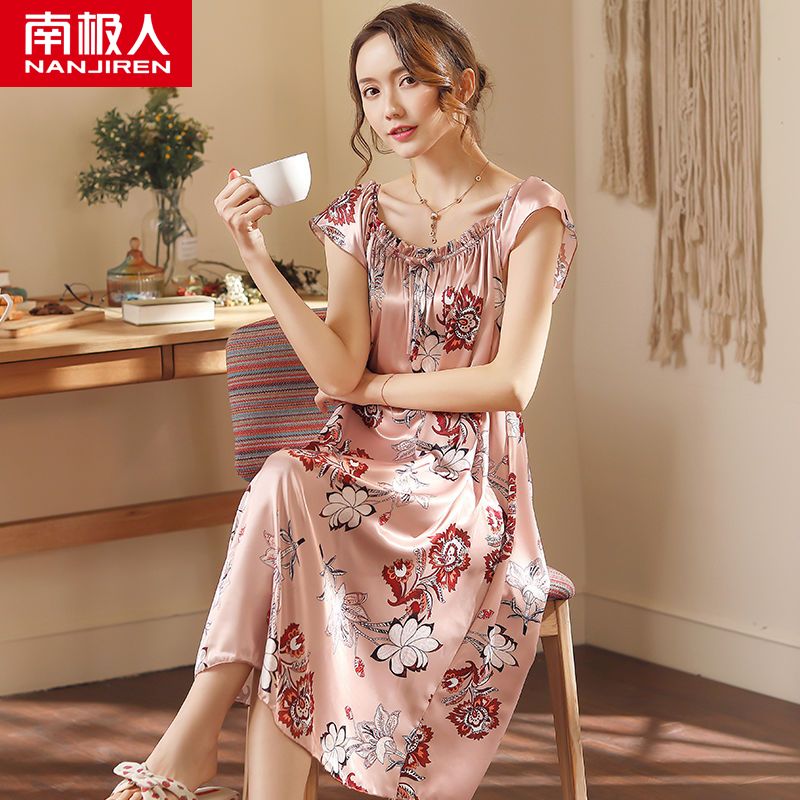 Nightdress female summer ice silk thin silk pajamas short-sleeved vest middle-aged mother summer plus size home service