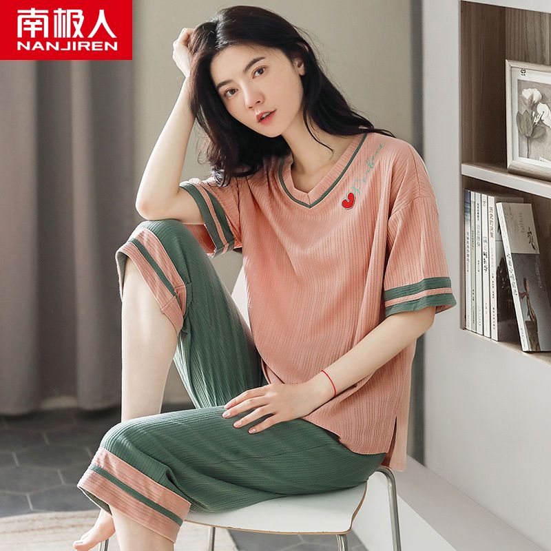 Extra large pajamas women's summer cotton short-sleeved cropped pants fat mm200 catties home service suit 5XL