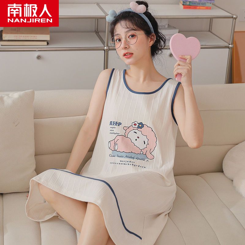 Sling nightdress women's summer cotton vest dress summer long section over the knee summer pajamas home service
