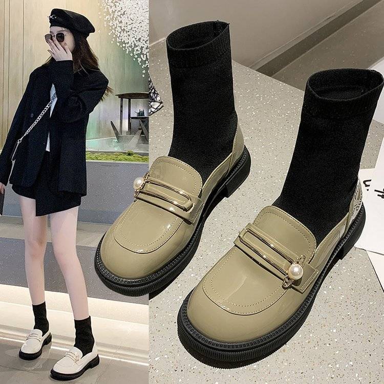 Flying Knitted Socks Boots Socks Small Leather Shoes Women's Spring and Autumn 2022 New Versatile Stretch Socks Shoes Mary Jane Boots