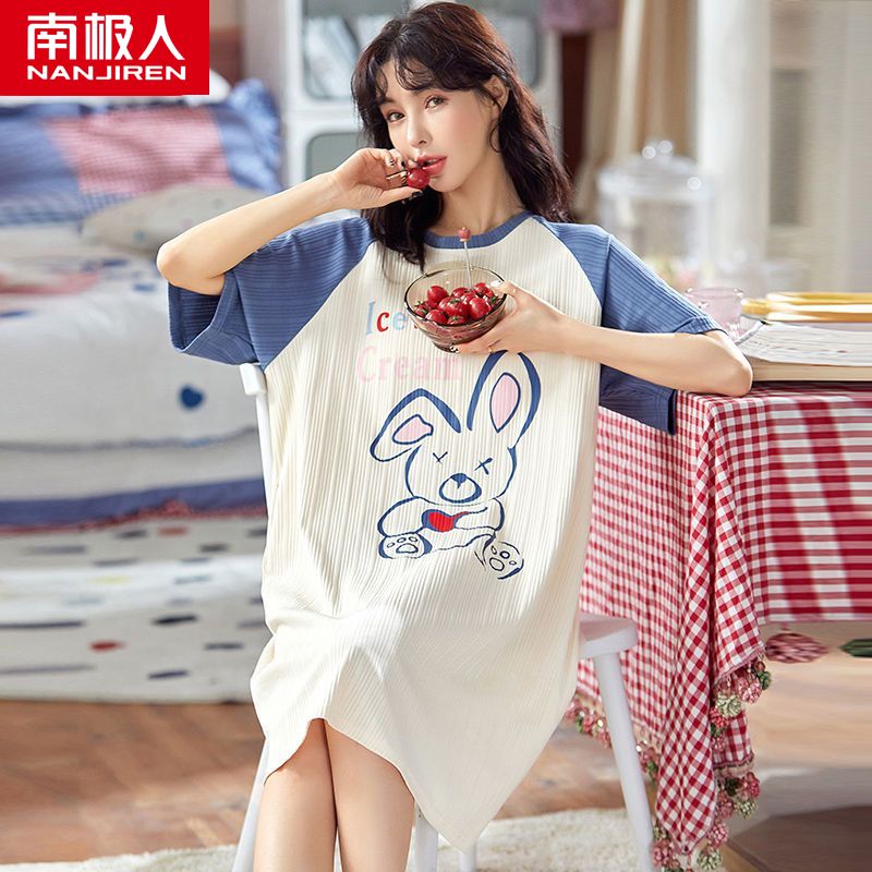 Nightdress female summer Korean version of pure cotton short-sleeved girl pajamas sweet and cute cartoon home service dress