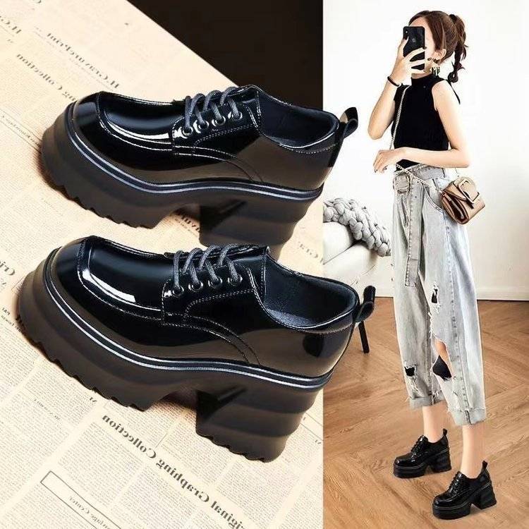 【真皮】黑色英倫風小皮鞋女2023新款秋季厚底樂福鞋加絨高跟單鞋
