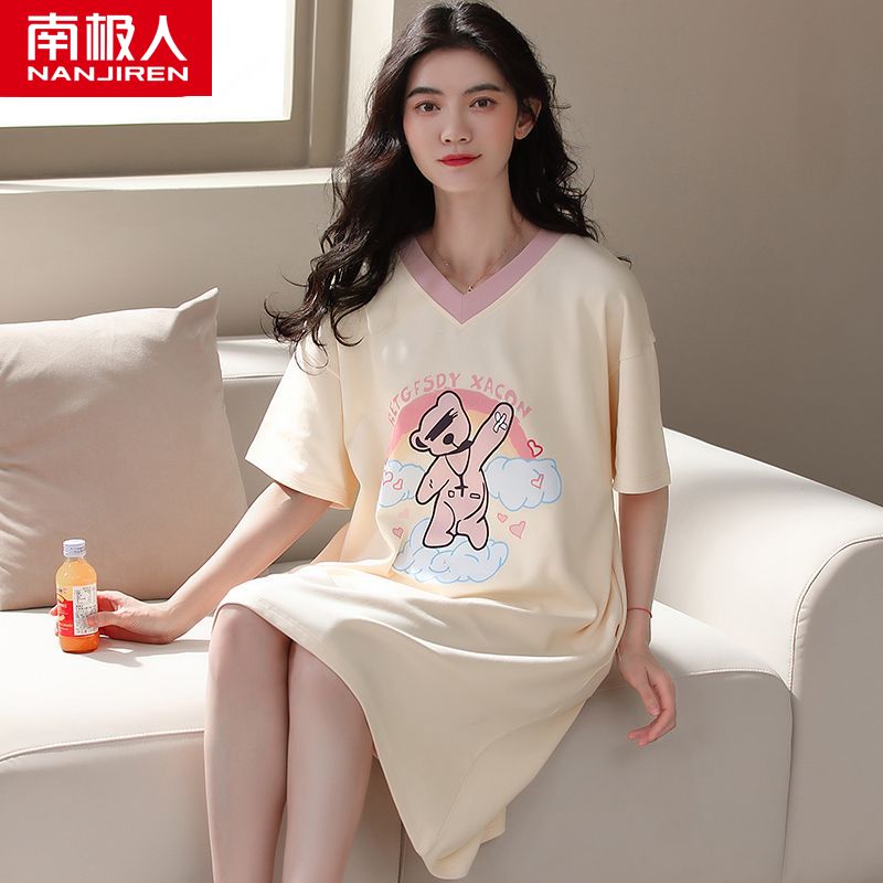 Nightdress female summer 2023 new spring and autumn pure cotton short-sleeved cute large size loose thin pajamas dress