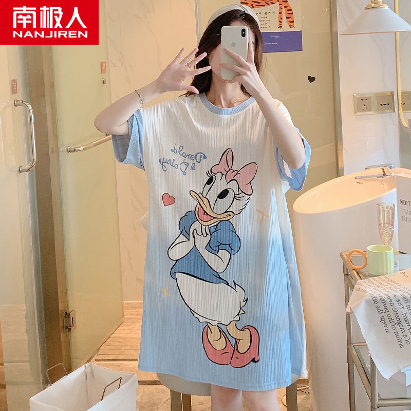 Nightdress ladies short-sleeved cotton summer student cute pajamas summer thin section home service mid-length dress