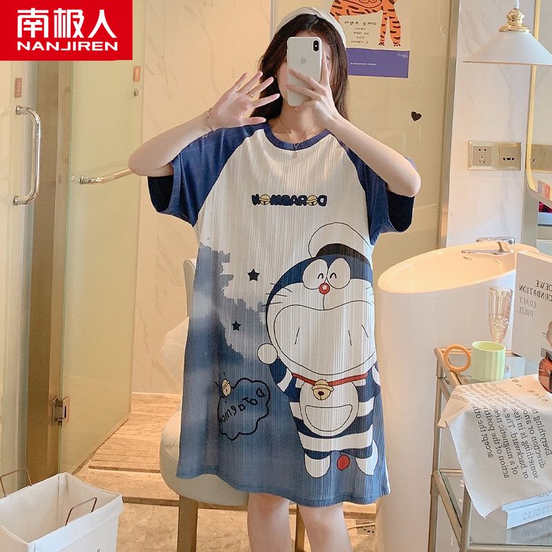 Nightdress ladies short-sleeved cotton summer student cute pajamas summer thin section home service mid-length dress