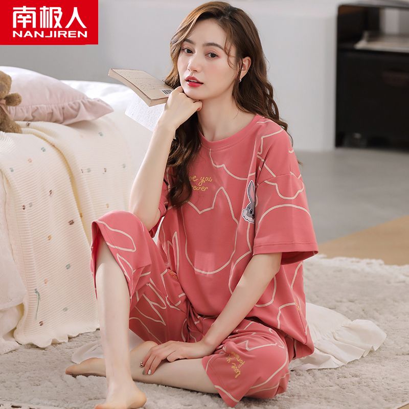 Women's pajamas summer cotton short-sleeved cropped pants two-piece set 2022 new summer thin home service