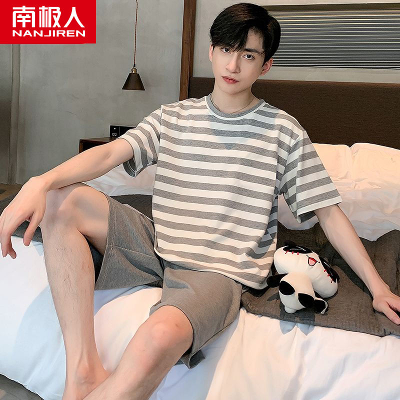 Pajamas men's summer cotton short-sleeved striped loose thin section youth large size cotton summer home service suit