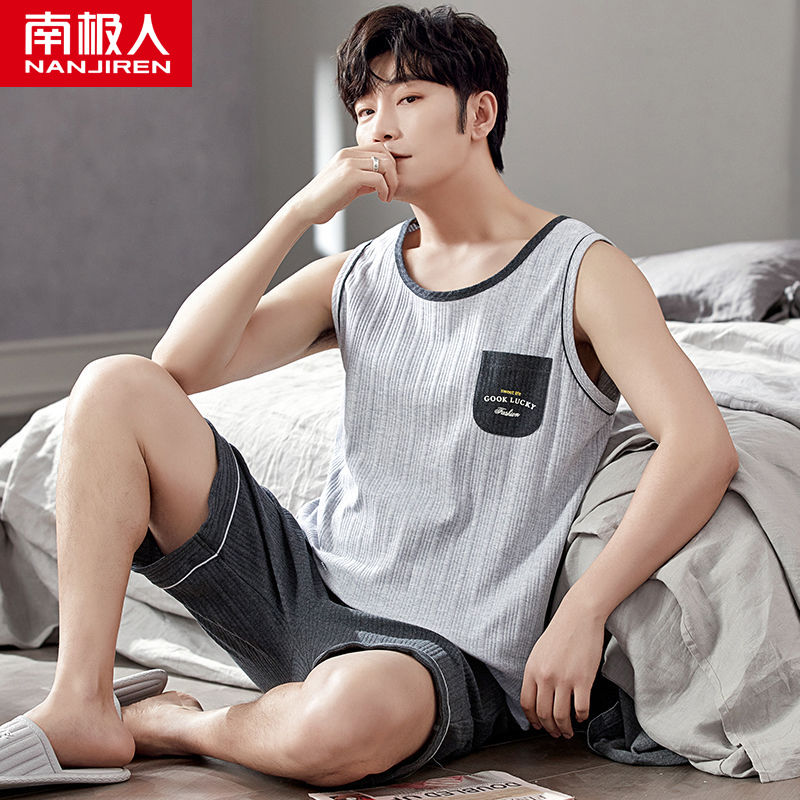 Pajamas Men's Summer Cotton Vest Shorts Thin Section Summer Sleeveless Shorts Men's Large Size Homewear Two-piece Set