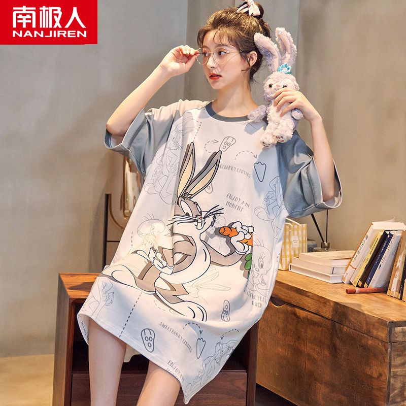 Nightdress female summer thin section pure cotton short-sleeved student cute long section over the knee dress home service pajamas
