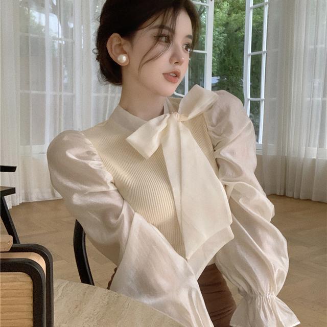 法式立領長袖襯衫女裝秋季2022新款氣質泡泡袖蝴蝶結修身拼接上衣