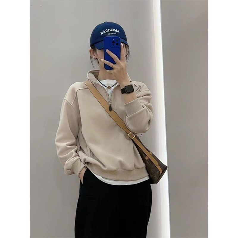 Plain French loose silhouette half-zip short coat women's  autumn and winter new stand-up collar versatile pullover sweater