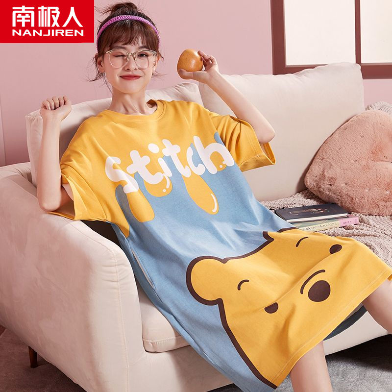 Nightdress female summer thin section pure cotton short-sleeved student cute long section over the knee dress home service pajamas