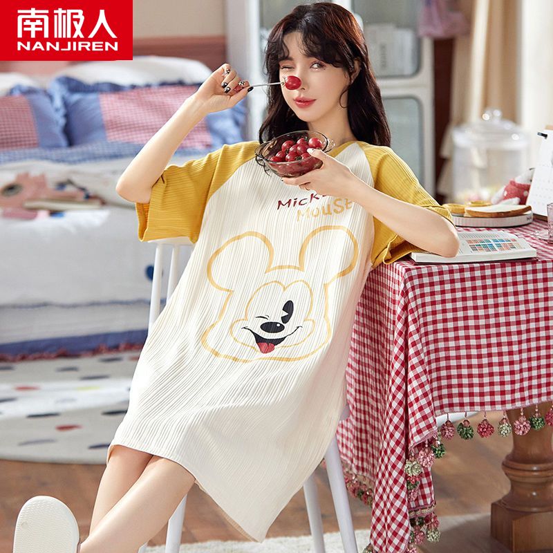 Pajamas women's summer cotton short-sleeved nightdress women's summer cute thin section Korean dress spring and autumn