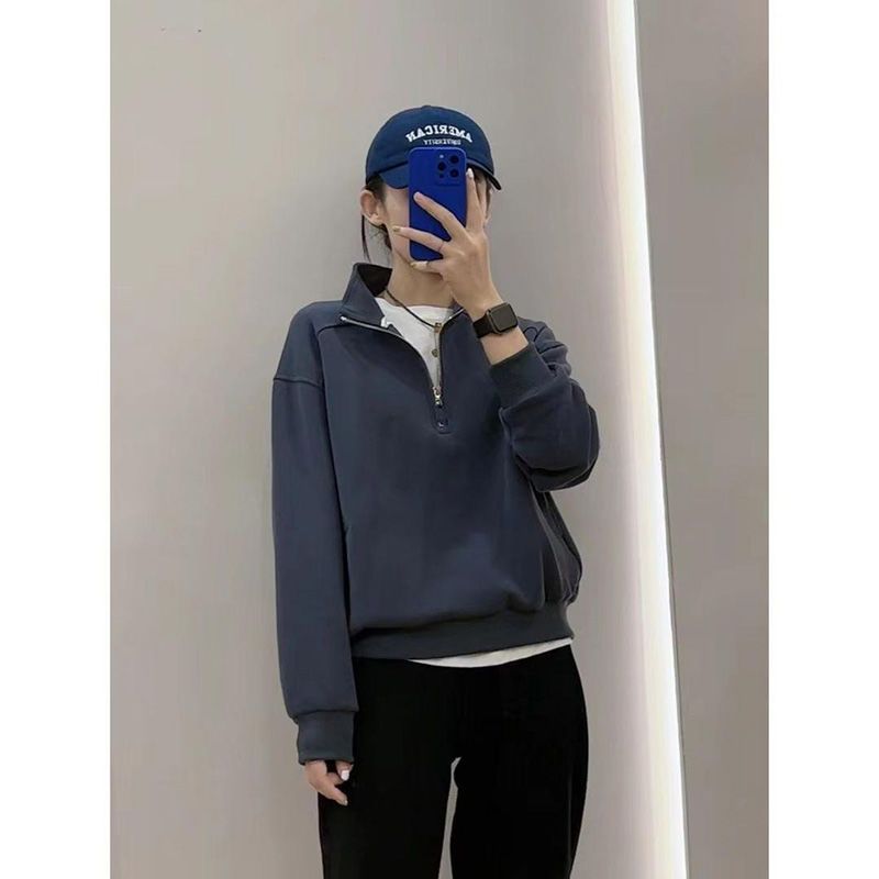 Plain French loose silhouette half-zip short coat women's  autumn and winter new stand-up collar versatile pullover sweater