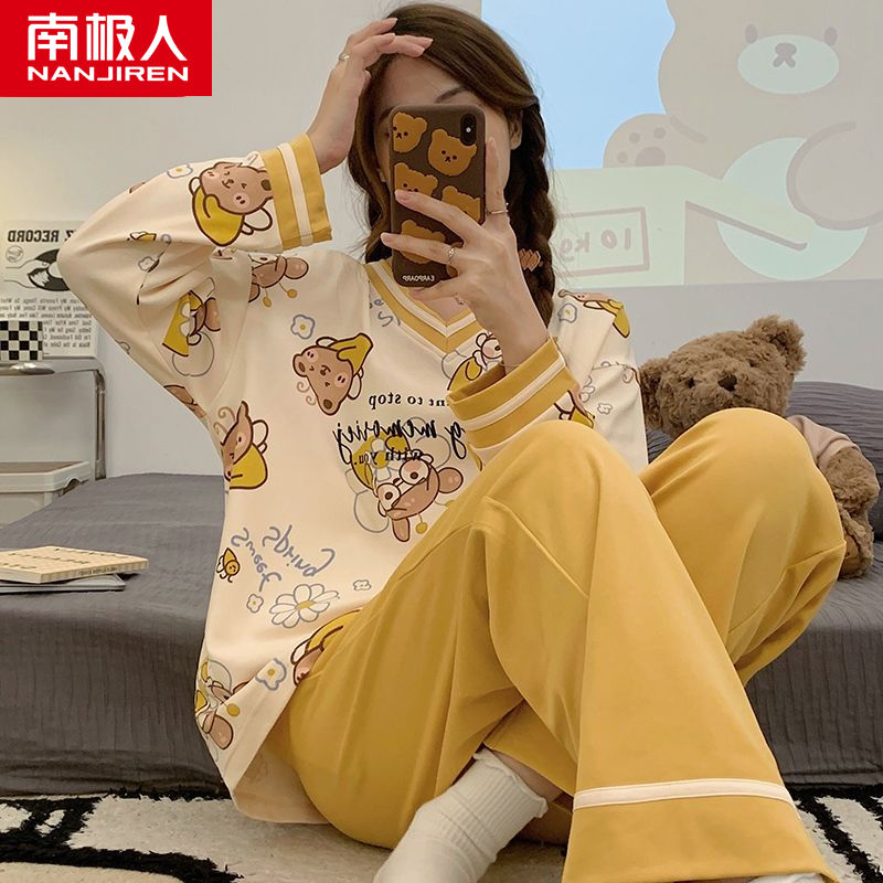 Spring and autumn pajamas women's pure cotton long sleeves can be worn outside Korean version of sweet and lovely home clothes autumn and winter students two-piece suit