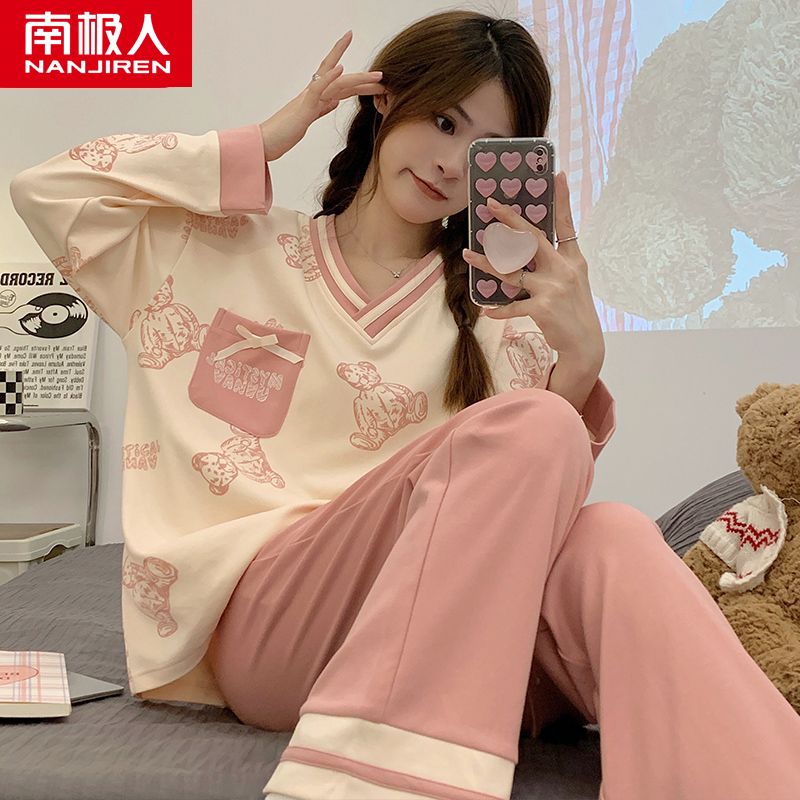 Spring and autumn pajamas women's pure cotton long sleeves can be worn outside Korean version of sweet and lovely home clothes autumn and winter students two-piece suit