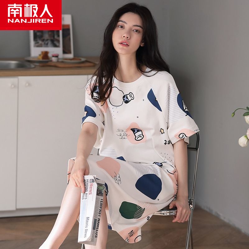 Cotton nightdress female summer short-sleeved over-the-knee dress student ins large size pajamas pregnant women home service