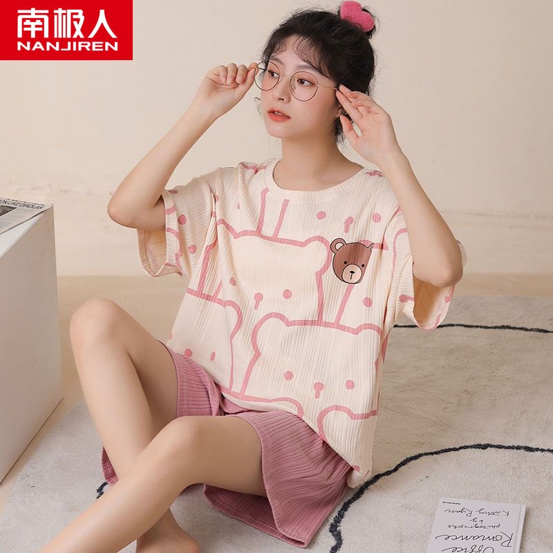 Pajamas women's spring and summer pure cotton short-sleeved shorts thin section cute student ins can be worn outside summer home service suit