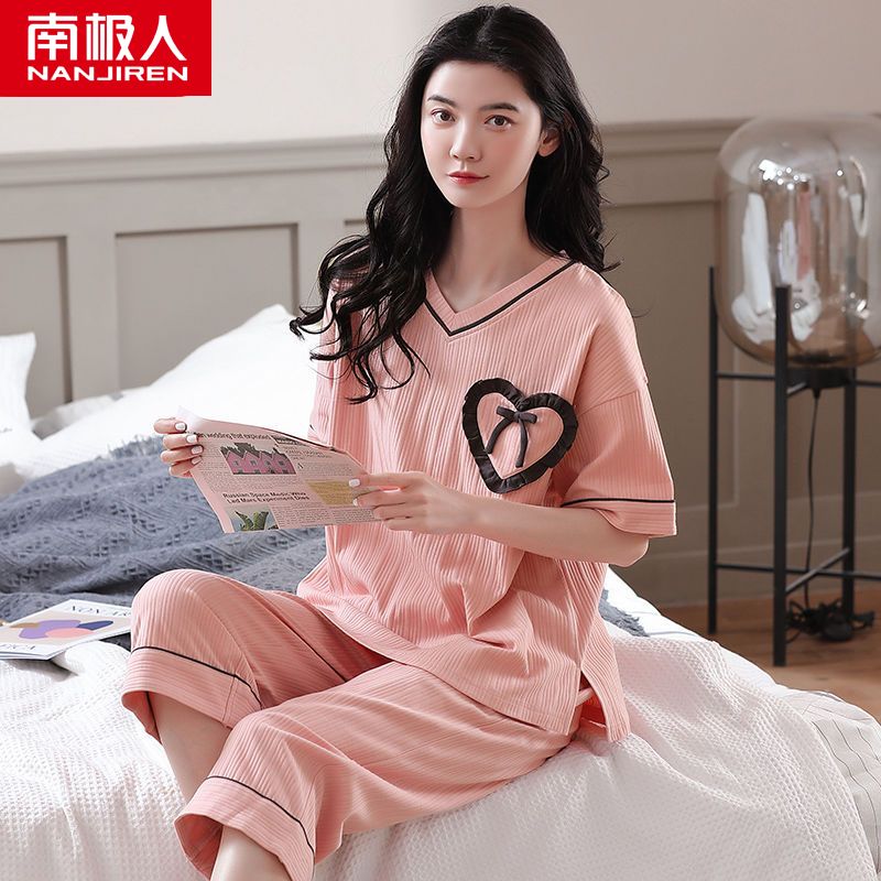 Cotton pajamas women's summer thin short-sleeved cropped pants two-piece suit 2022 new cute plus-size home service