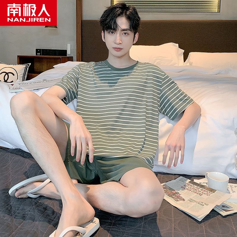 Pajamas men's summer striped cotton short-sleeved shorts 2023 new summer thin section large size home service suit