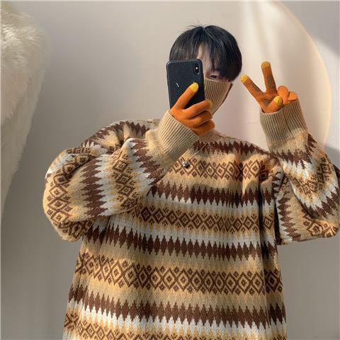 Vibe Guochao High Street Sweater Men's Chic Hong Kong Style Retro Jacquard Striped Turtleneck Knitted Sweater Autumn And Winter Loose Coat_voghion.com