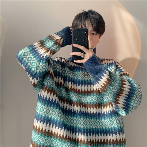 Vibe Guochao High Street Sweater Men's Chic Hong Kong Style Retro Jacquard Striped Turtleneck Knitted Sweater Autumn And Winter Loose Coat_voghion.com