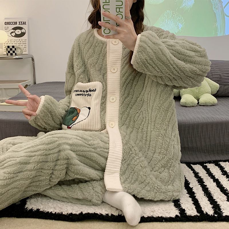 睡衣女加厚加絨可外穿套裝新款珊瑚絨家居服兩件套保暖法蘭絨冬天