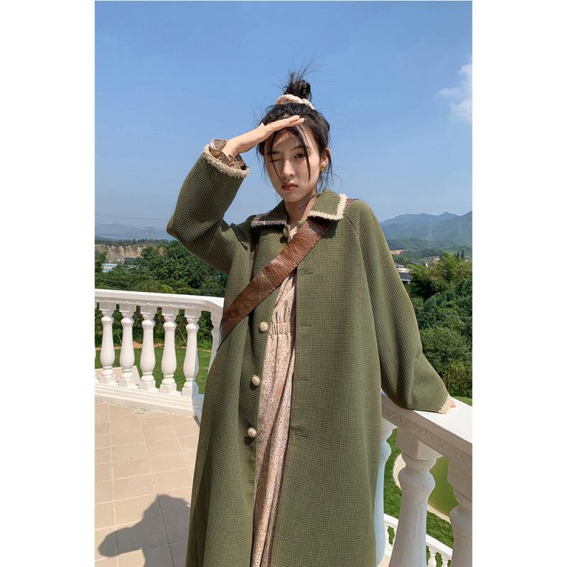 Mid-length windbreaker coat women's 2022 autumn new green thickened coat high-end Chinese small man autumn