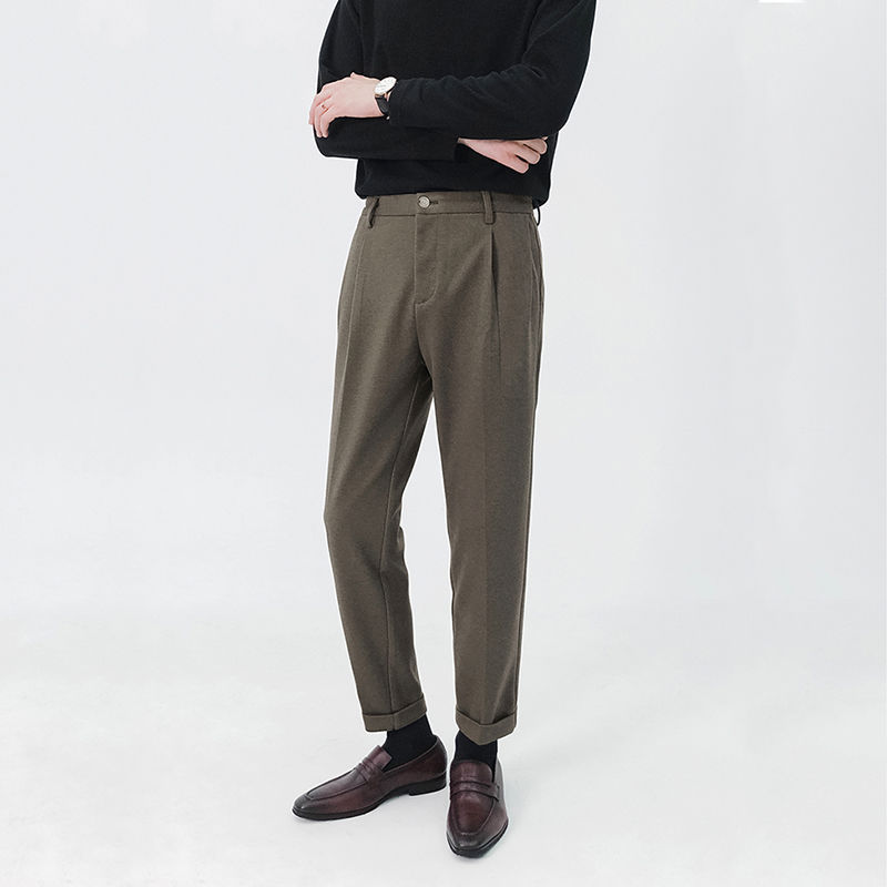 New autumn and winter woolen trousers for men, thickened and warm, nine-point trousers for men, loose, Korean-style casual trousers