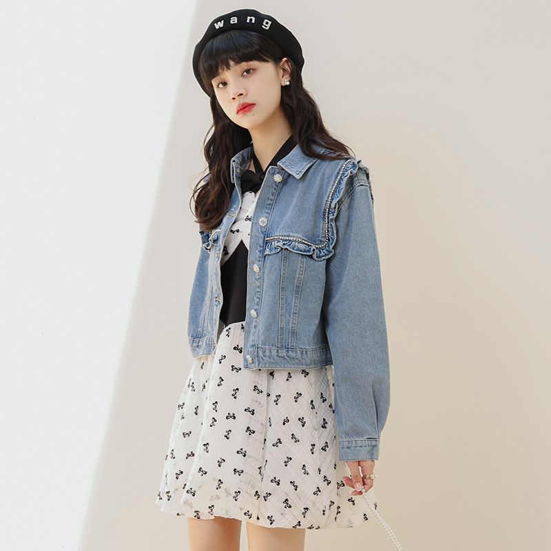 Korean version of chic denim short jacket female 2022 spring and autumn new high-quality fungus splicing tooling jacket top