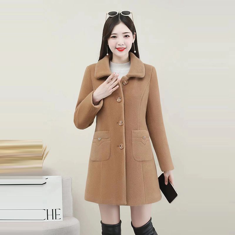 仿黃金貂絨毛呢外套女中長款2022新款韓版秋冬顯瘦加厚水貂絨大衣