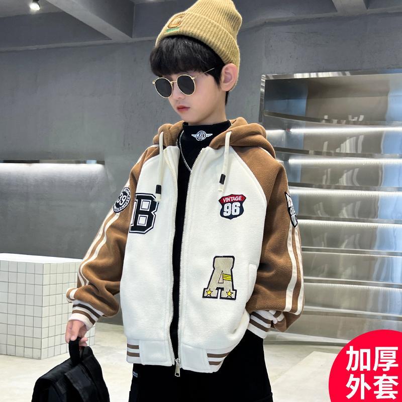 Boys' autumn and winter thickened baseball uniform jacket 2022 new middle and big children's children's foreign style boy fried street winter clothes tide