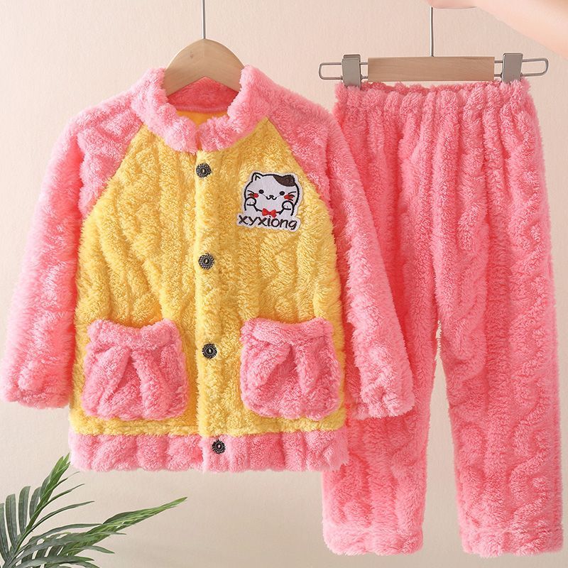 Autumn and winter children's flannel pajamas for boys and girls baby plus velvet coral velvet home clothes jacquard thickening suit