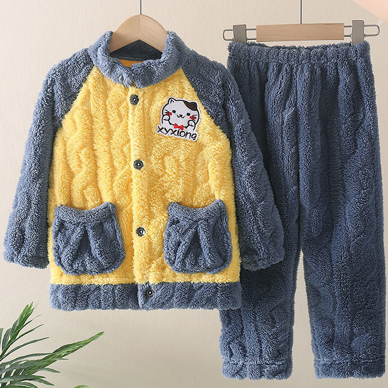 Autumn and winter children's flannel pajamas for boys and girls baby plus velvet coral velvet home clothes jacquard thickening suit