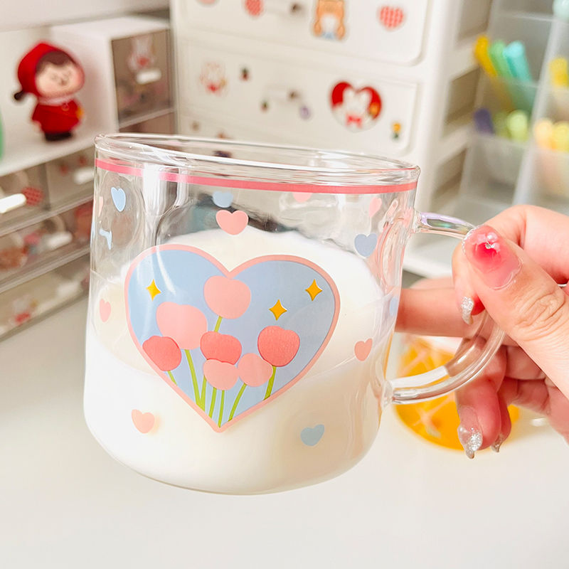 夏季花朵玻璃杯可爱少女心高硼硅耐热陶瓷盖立体水杯创意马克杯