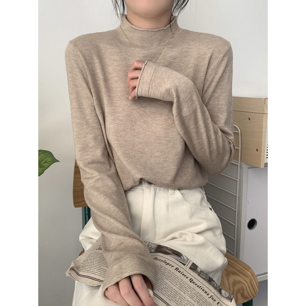 Half turtleneck rolled edge black bottoming shirt for women autumn  new versatile long-sleeved inner sweater spring and autumn top