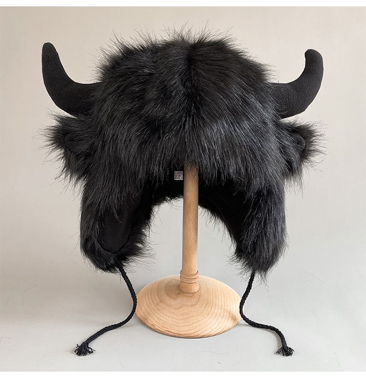 Big black cow Mao Mao Lei Feng hat for men and women, warm ears in winter, personalized windproof and cold-proof riding electric vehicle cotton hat_voghion.com